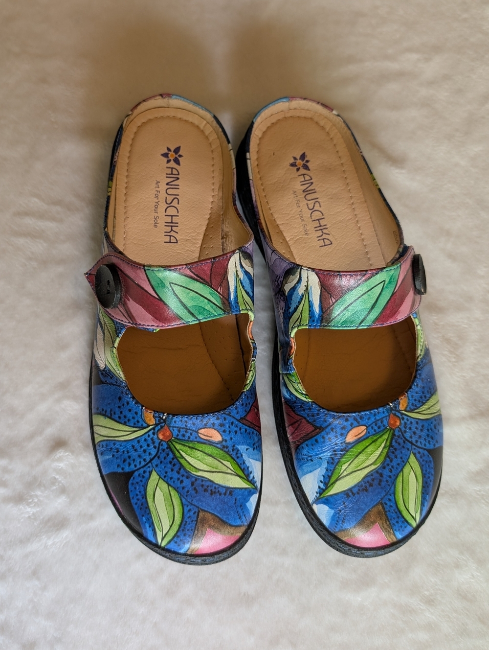Anuschka Hand-Painted Blue Floral Leather Clogs